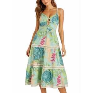 PatBO Tropicalia Leaf Print Jute Trim Midi Dress Islablue Green Size 4
